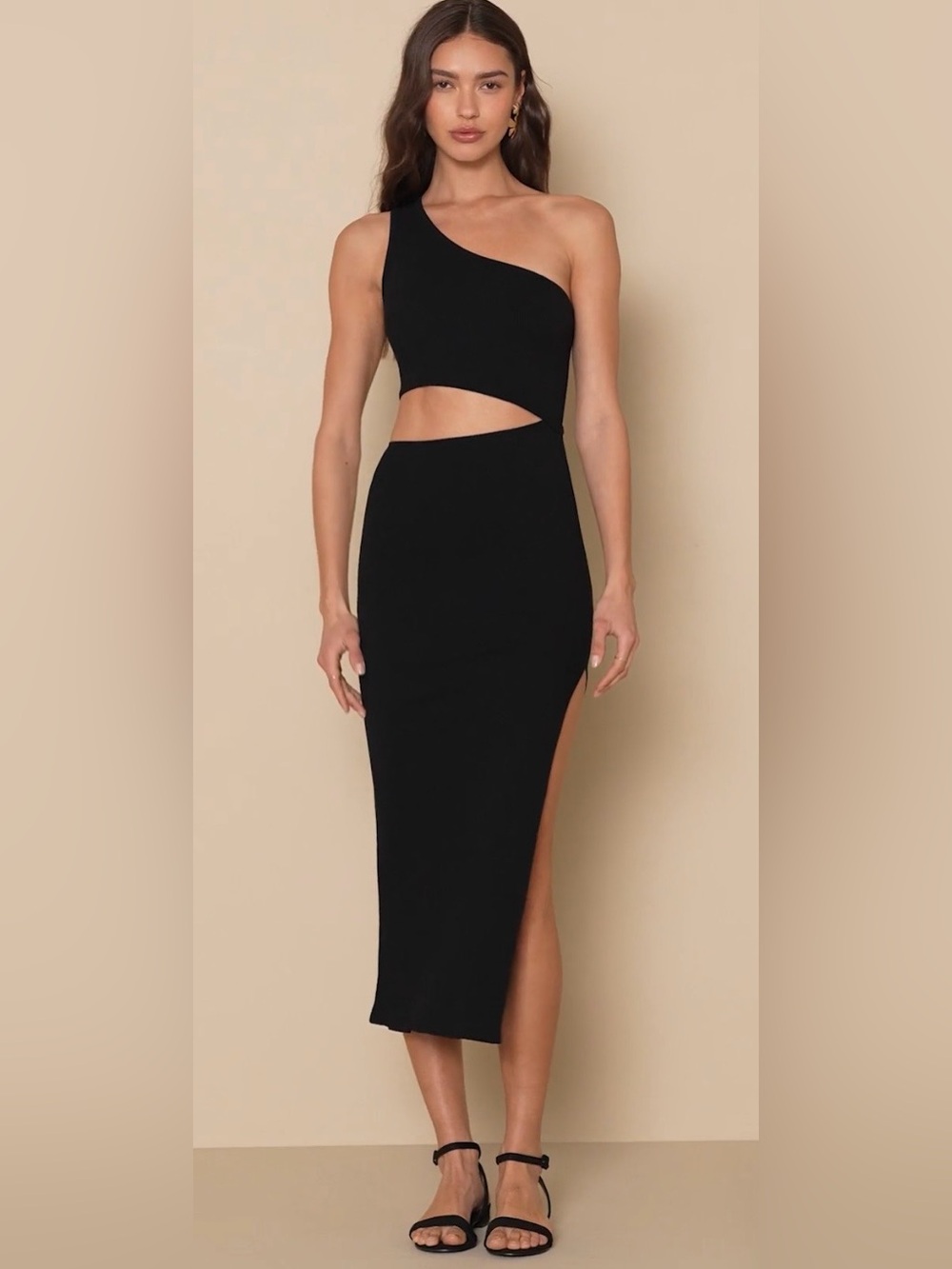 LULUS Spice Things Up Black Ribbed One-Shoulder Cutout Midi Dress Stretch Size M